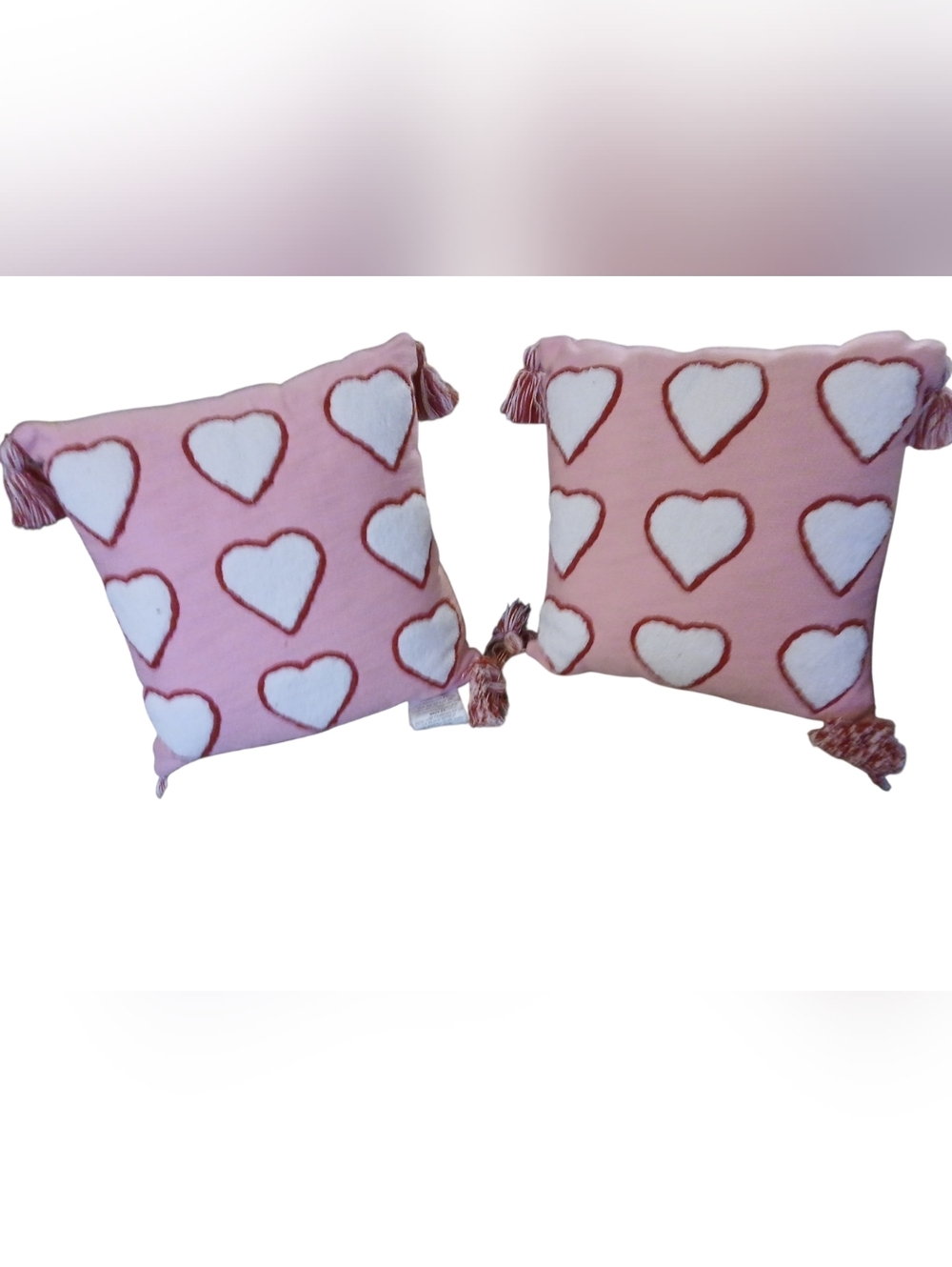 Home - Set of 2 Pink and White Pillow W/ Heart's, Tassels On Corners, 18" X 18" - Picture 2 of 8